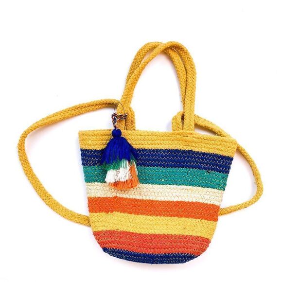 NWT Francesca'd Yellow Orange Blue Green Striped Rope Tassel Crossbody Bag - Picture 1 of 7